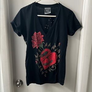 Black diamond Black studded and rhinestone V-Neck Top with Red Rose Design